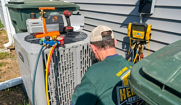A professional of Heritage Heating and Air repairing HVAC outdoor unit