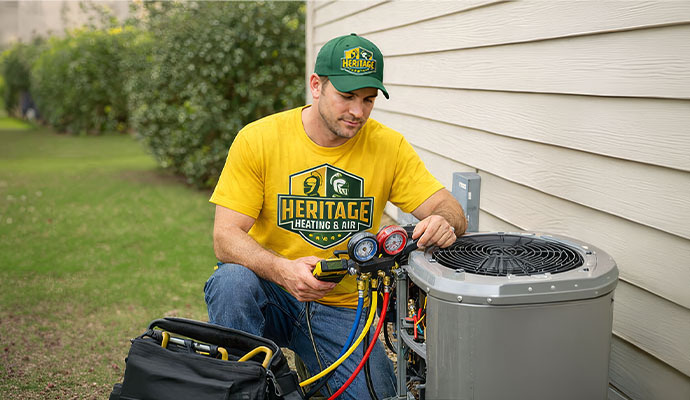 Heritage Heating and Air technician inspecting AC condenser unit