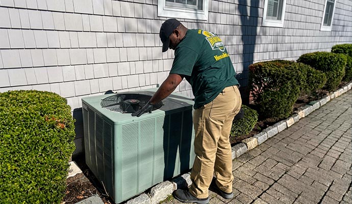 A technician is inspecting an outdoor AC unit