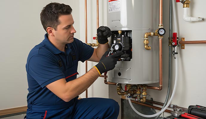 A technician of Heritage Heating and Air installing water heater thermostat