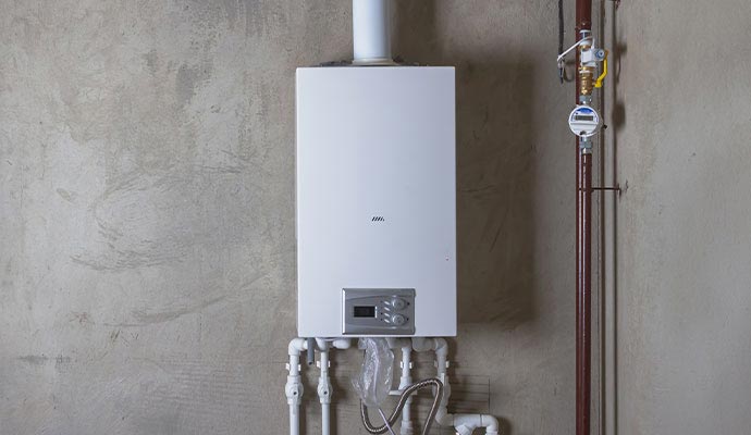 A wall mounted tankless water heater
