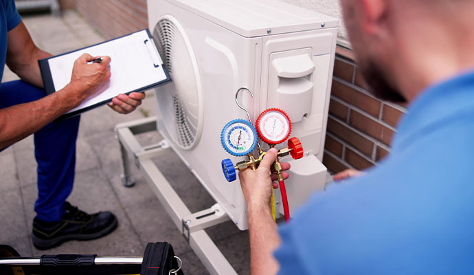 Technician using gauges on outdoor air conditioning unit while coworker takes notes