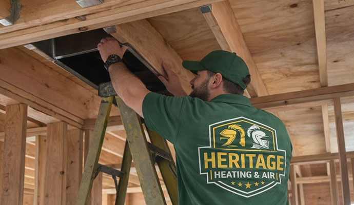 Heritage Heating and Air technician installing HVAC ductwork