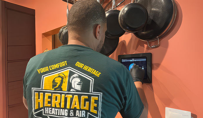 Heritage Heating and Air technician checking smart thermostat