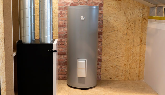 A modern utility setup in an attic space featuring a tall grey cylindrical water heater