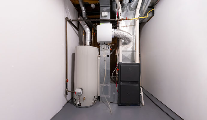 A tall white cylindrical water heater standing next to a vertical grey furnace