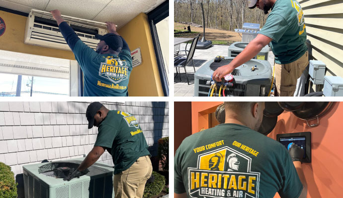 Collage of AC system repair, maintenance, installation, and thermostat