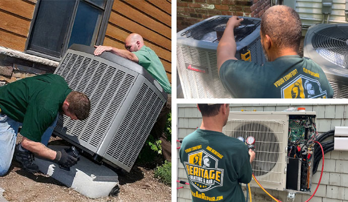 Collage of HVAC installation, repair, and maintenance by technician