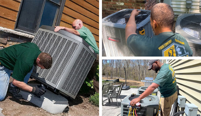 Collage of HVAC installation, repair, and maintenance by technician
