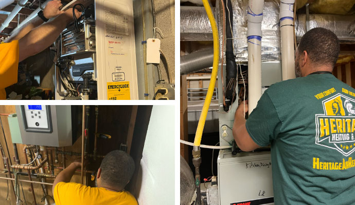 Collage of installation, repairing, and maintenance of heating system