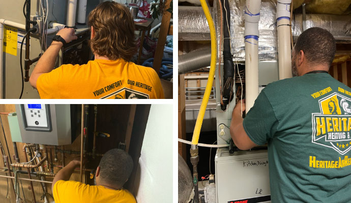 Collage of water heater repair, replacement, and installation by technician