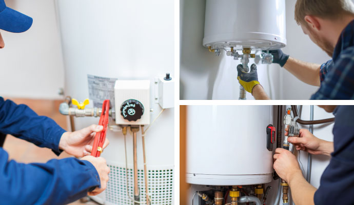 Collage of water heater repair, replacement, and installation
