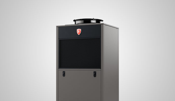 A studio shot of a sleek, dark grey vertical HVAC unit