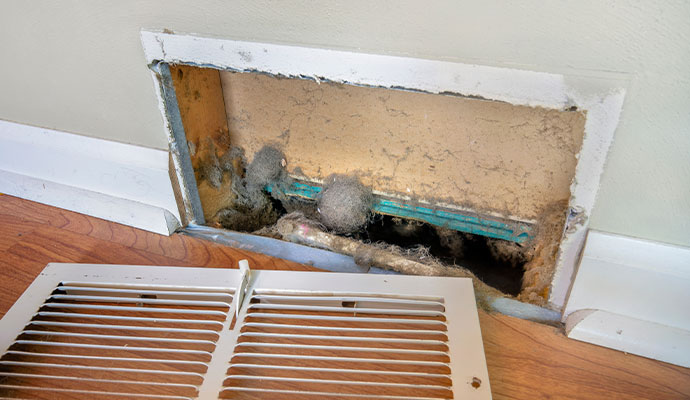 A white metal wall vent cover removed to reveal a significant accumulation of dust
