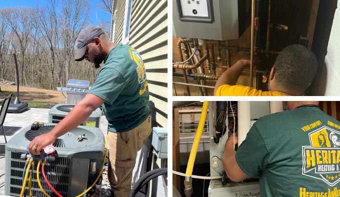 Collage of air conditioner, water heater repair, and heating system installation