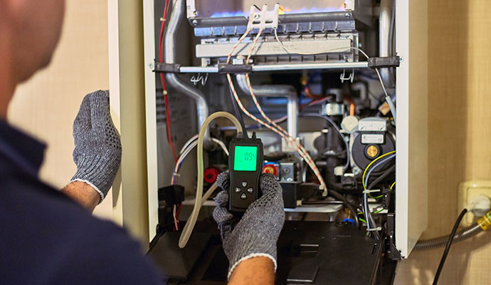 Technician performing combustion analysis on a gas boiler