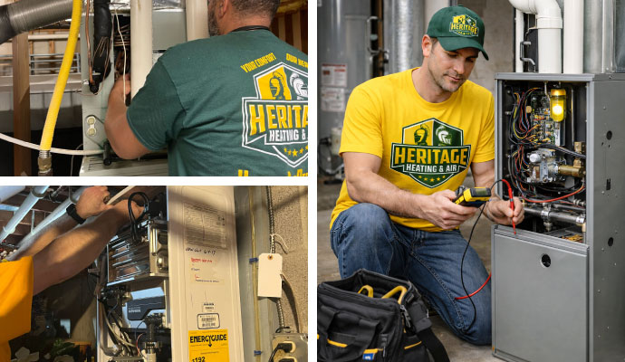 Collage of heating system installation, repair, and replacement services
