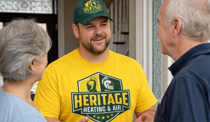 Heritage heating and Air service team member consulting with clients