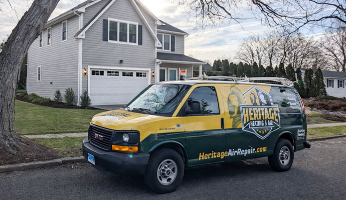 Heritage Heating and Air service van parked outside a property