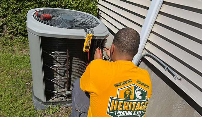 Heritage Heating and Air technician repairing HVAC unit