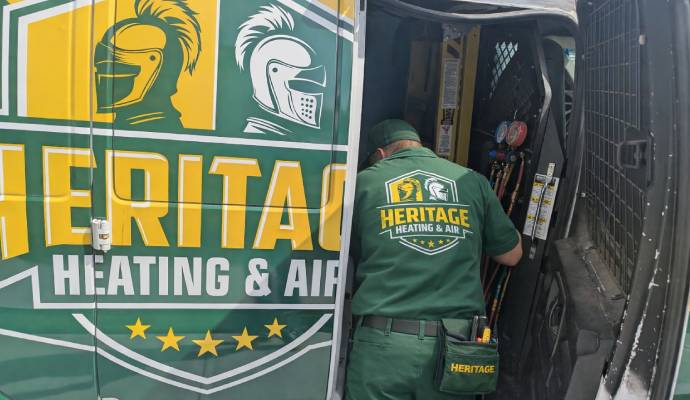 Heritage technician preparing equipment from a service van.