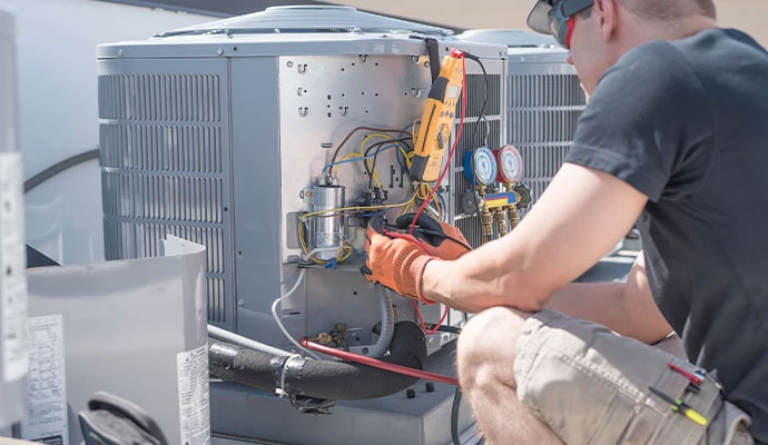 Technician repairing outdoor AC unit wiring