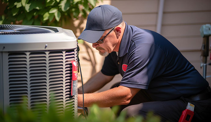 Technician inspecting residential AC condenser
