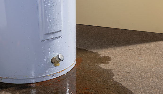 Close-up of a white water heater tank on a concrete floor with water pooling around the base and drain valve