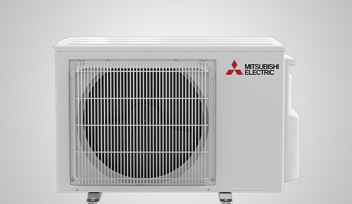 A studio-style product shot of a white horizontal Mitsubishi Electric outdoor air conditioning unit