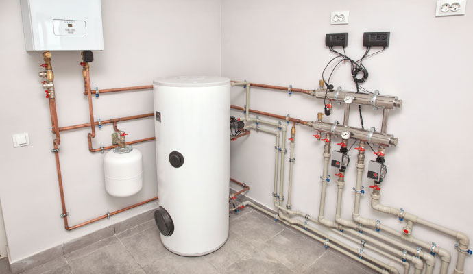 Modern HVAC water heater in a mechanical room
