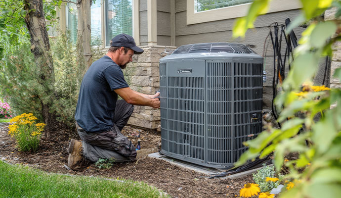 HVAC technician inspecting outdoor condenser unit