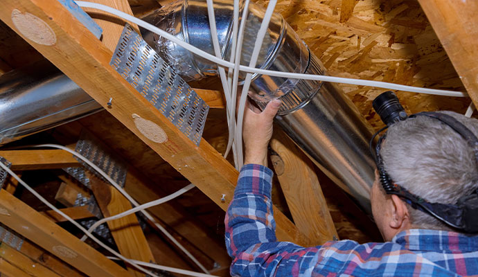 Technician installing rigid metal ducting in attic