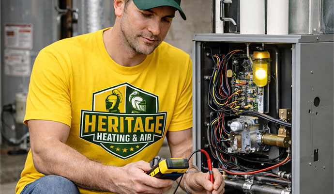 Technician inspecting control panel components of a home gas furnace
