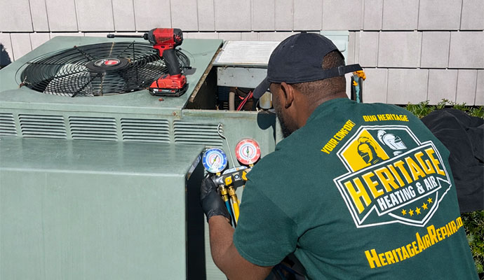 Technician inspecting outdoor condenser unit