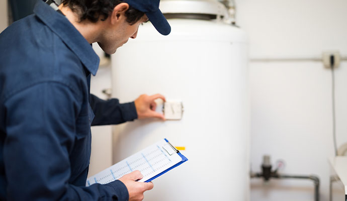 Technician checking water heater thermostat