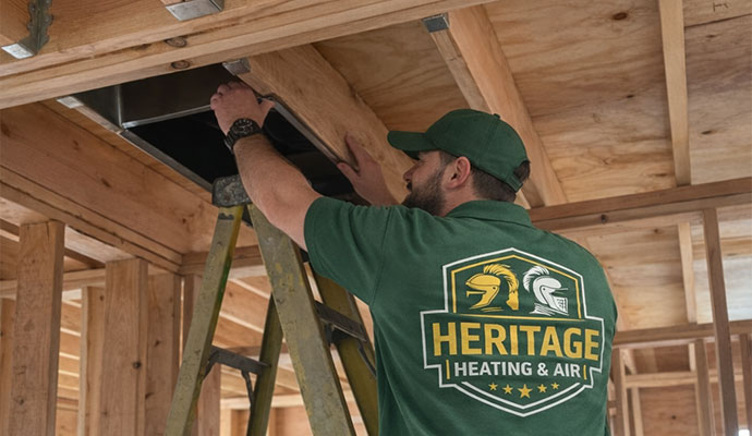 Technician install air ducts