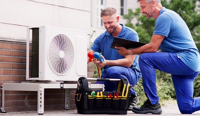 HVAC technicians in blue uniforms using manifold gauges and a clipboard to service an outdoor unit