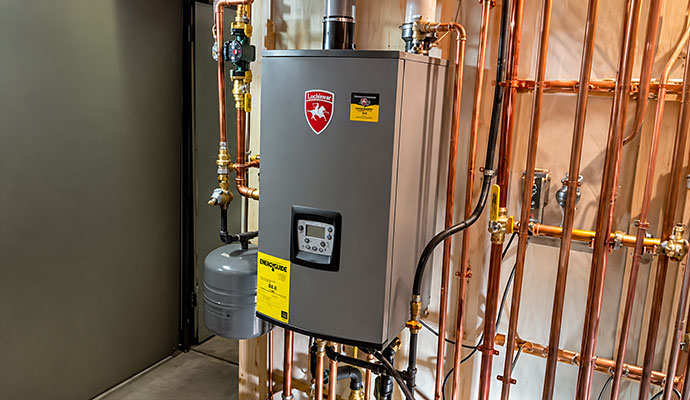 A replaced wall-mounted boiler with copper pipes