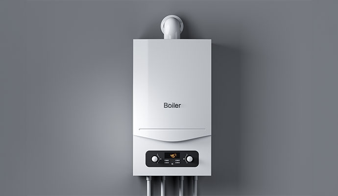 White wall-mounted boiler with a digital temperature
