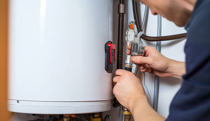 Technician inspecting water heater gas valve